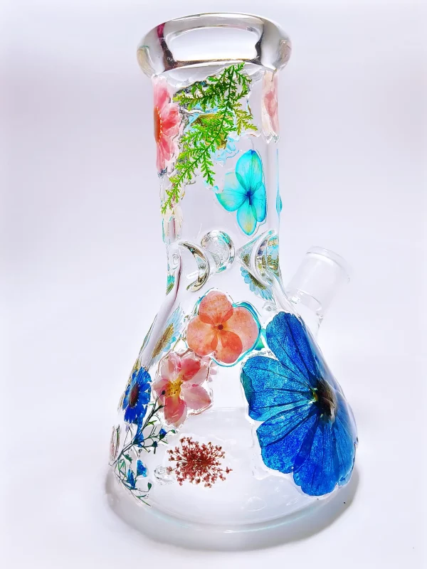 8" Blue and Pink Flowers Beaker Glass Bong