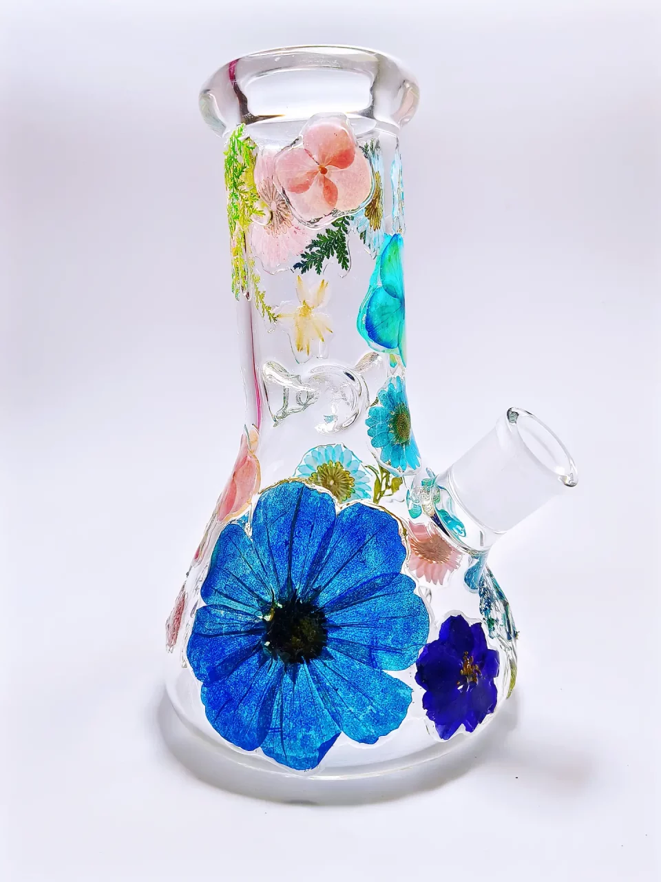 8" Blue and Pink Flowers Beaker Glass Bong