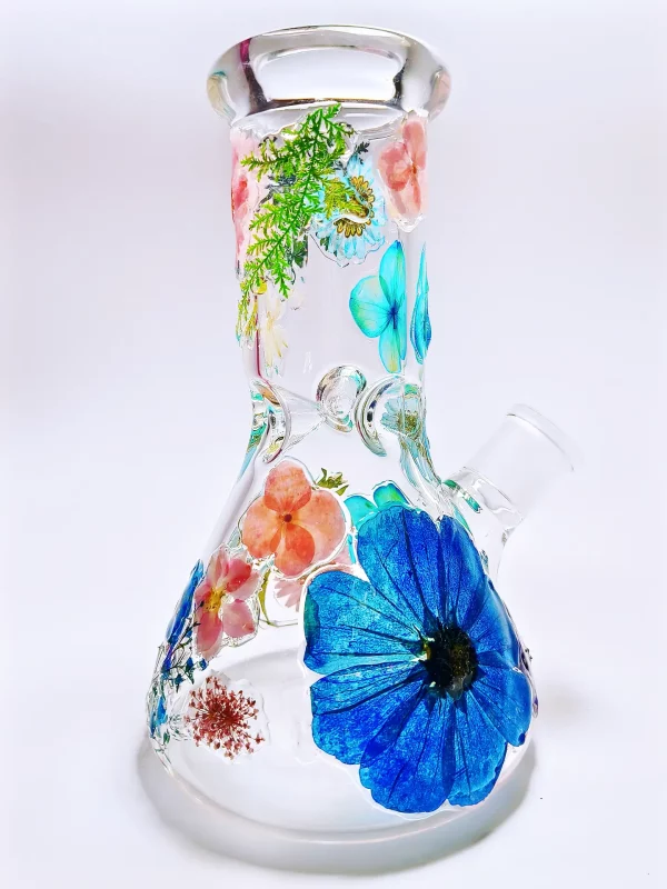 8" Blue and Pink Flowers Beaker Glass Bong