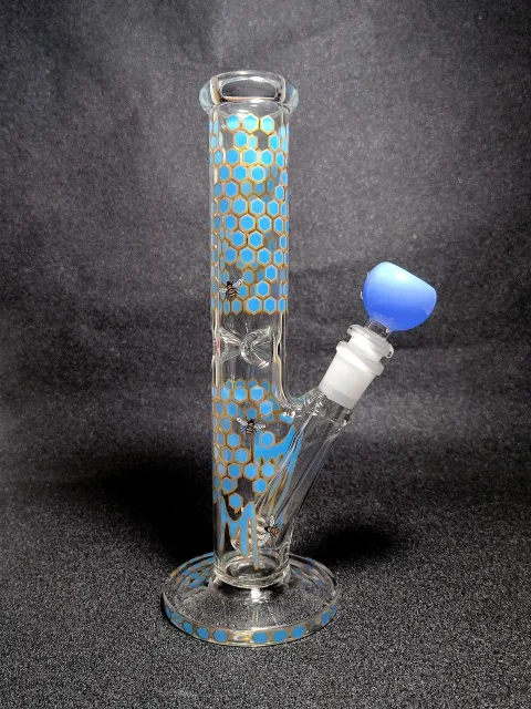 10″ Blue Honeycomb & Busy Bees Straight Tube Borosilicate Glass Bong 10" Blue Honeycomb & Busy Bees Straight Tube Borosilicate Glass Bong