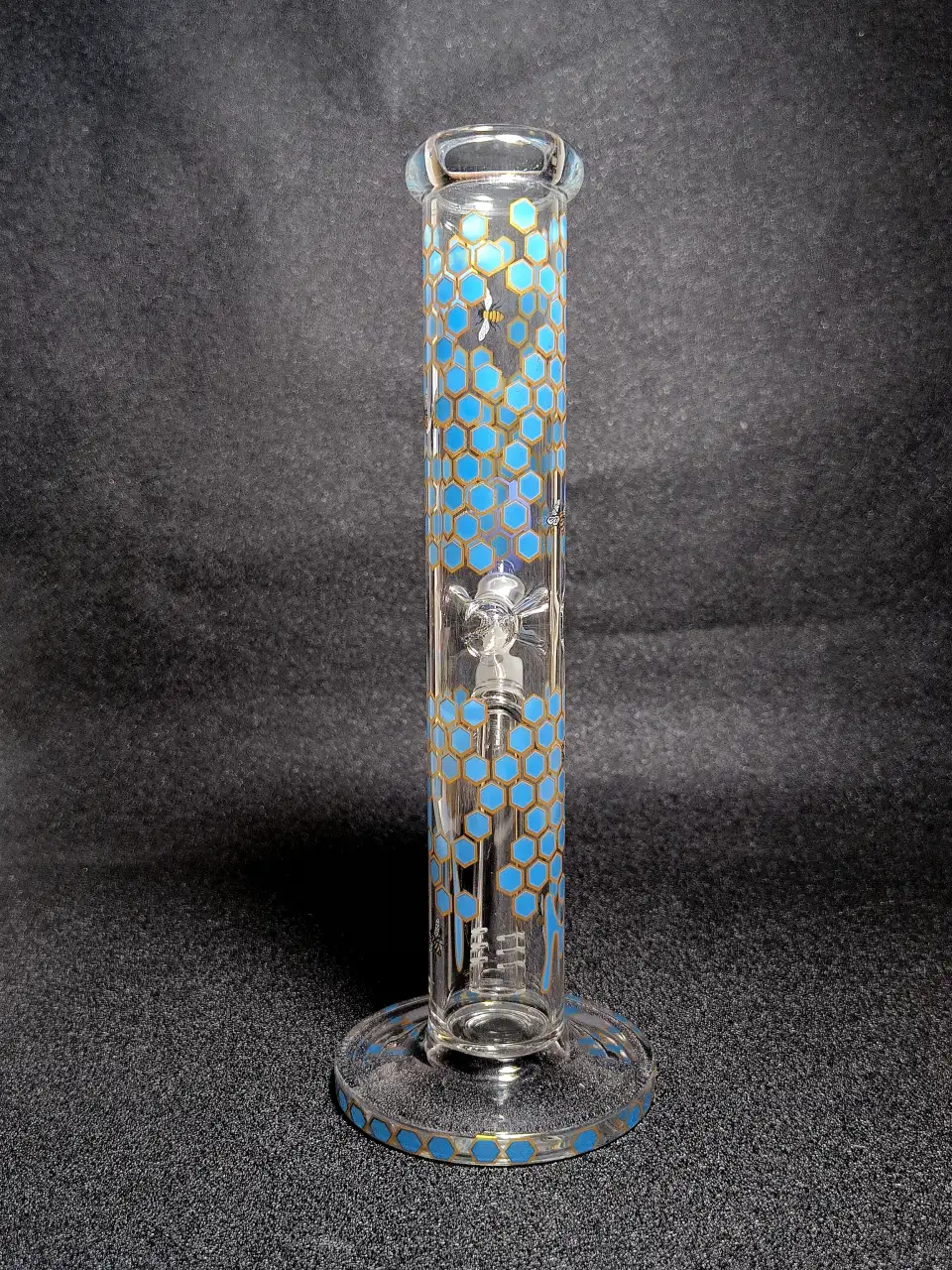 10" Blue Honeycomb & Busy Bees Straight Tube Borosilicate Glass Bong