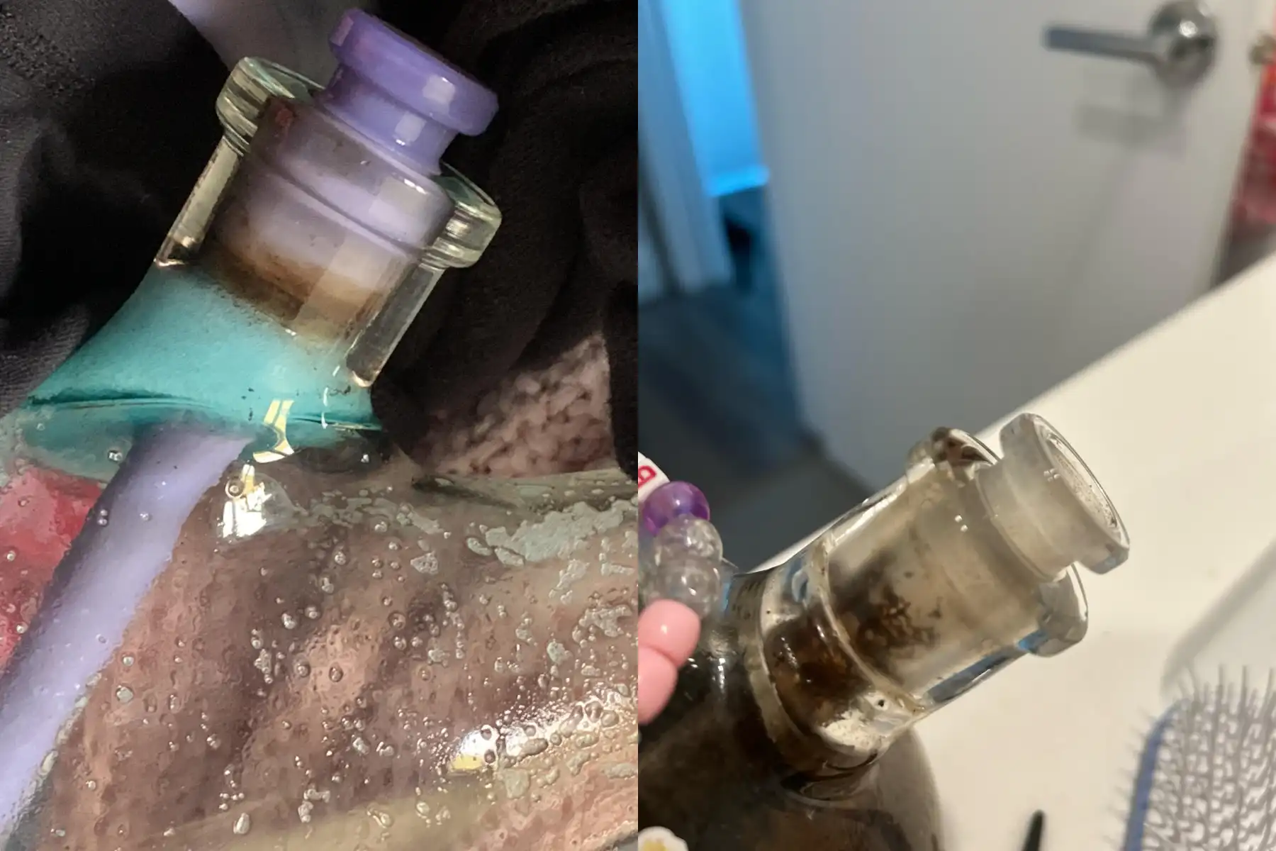 The image shows two bongs with their downstems stuck.