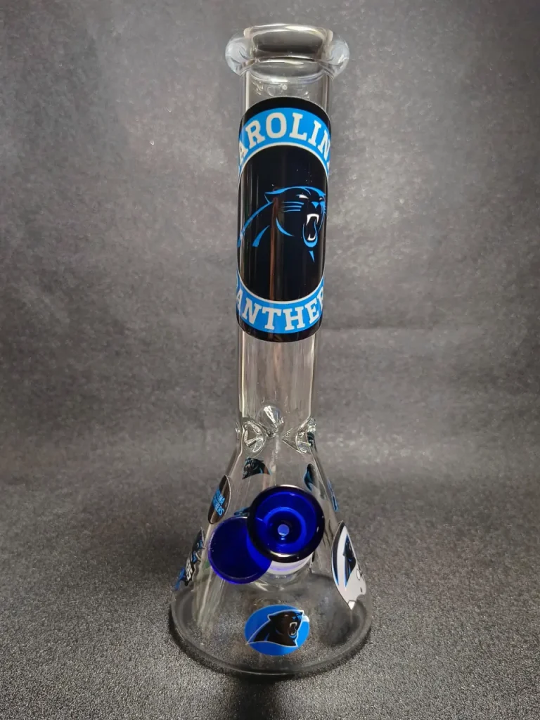Carolina Panthers NFL Roaring Panther Logo Football Helmet Process Blue Beaker Glass Bong