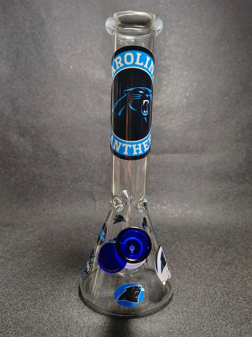 Carolina Panthers NFL Roaring Panther Logo Football Helmet Process Blue Beaker Glass Bong