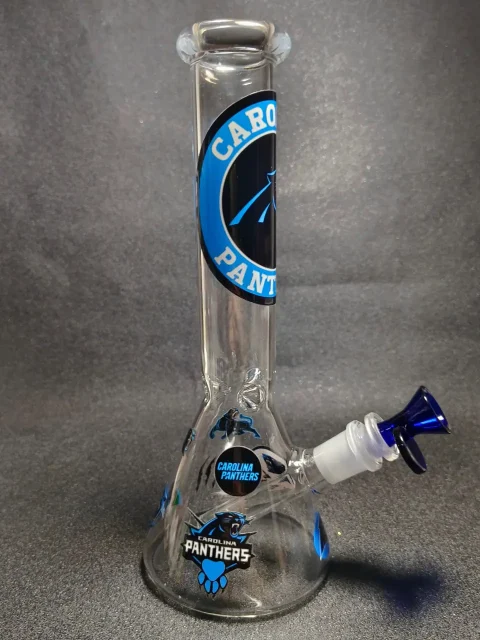 Carolina Panthers NFL Roaring Panther Logo Football Helmet Process Blue Beaker Glass Bong Carolina Panthers NFL Roaring Panther Logo Football Helmet Process Blue Beaker Glass Bong