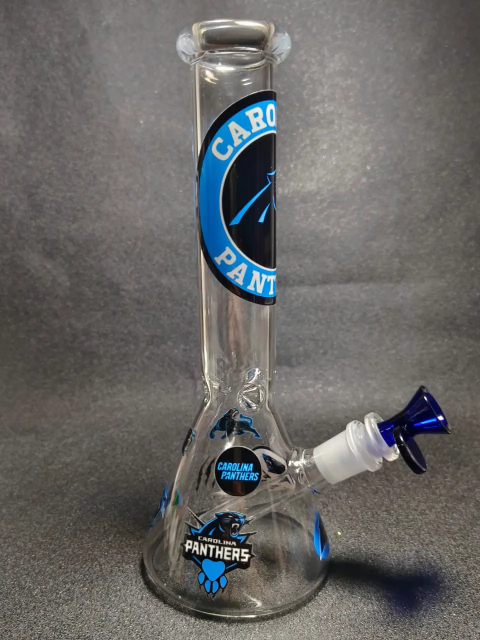 Carolina Panthers NFL Roaring Panther Logo Football Helmet Process Blue Beaker Glass Bong