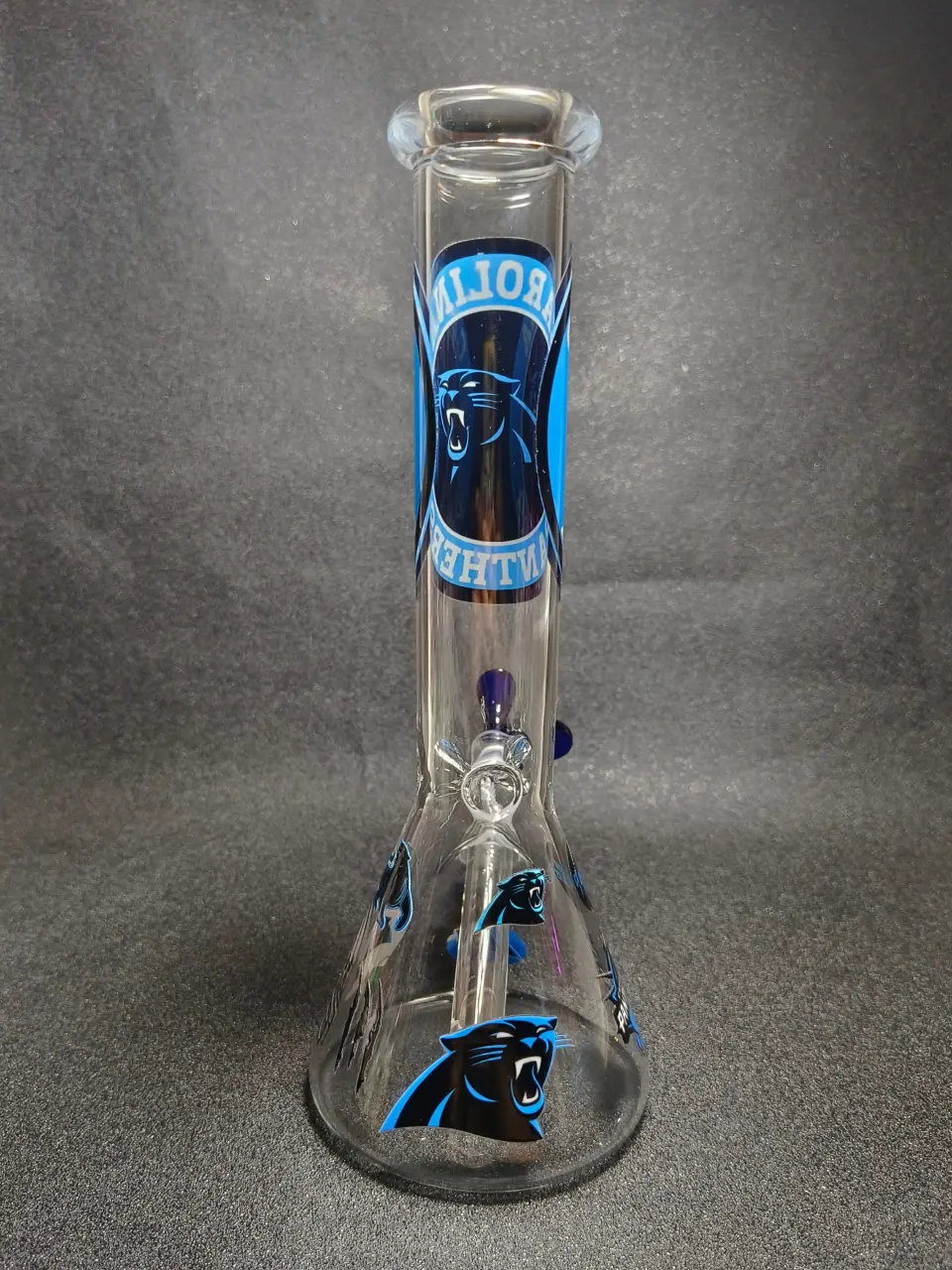 Carolina Panthers NFL Roaring Panther Logo Football Helmet Process Blue Beaker Glass Bong