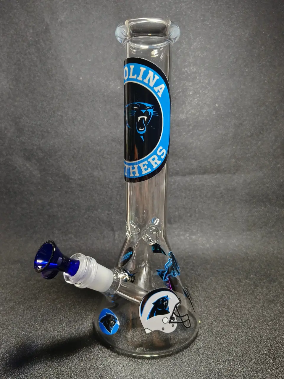 Carolina Panthers NFL Roaring Panther Logo Football Helmet Process Blue Beaker Glass Bong