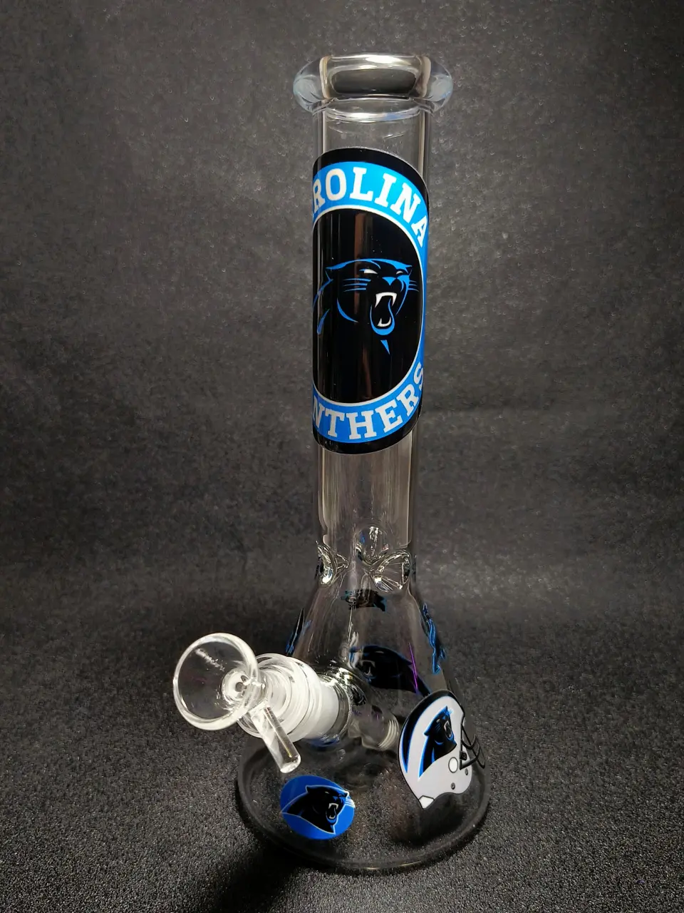 Carolina Panthers NFL Roaring Panther Logo Football Helmet Process Blue Beaker Glass Bong