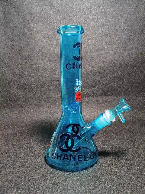 CHANEL Blue Cherry Bow Monogram Borosilicate Glass Beaker Bong CHANEL Blue Cherry Bow Monogram Borosilicate Glass Beaker Bong