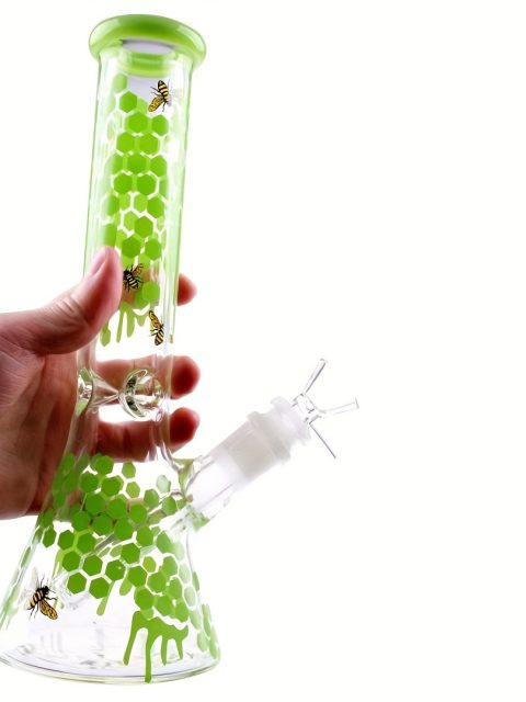 10" Beaker Glass Bong | Green Beehive & Bumblebee