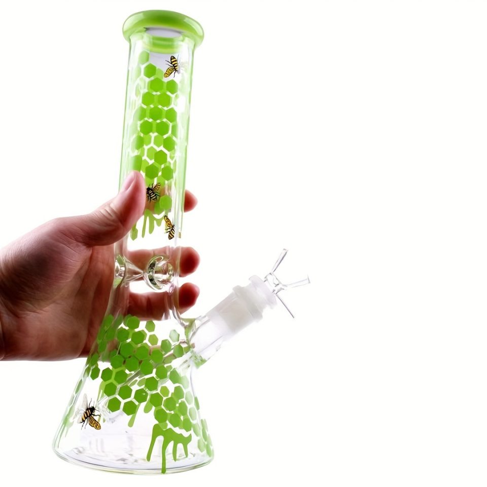 10" Beaker Glass Bong | Green Beehive & Bumblebee