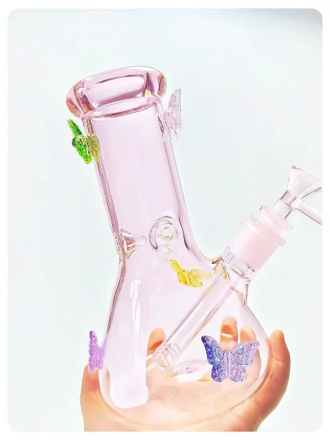 8" 5mm Colorful Crystal Butterfly Pink Beaker Glass Bong