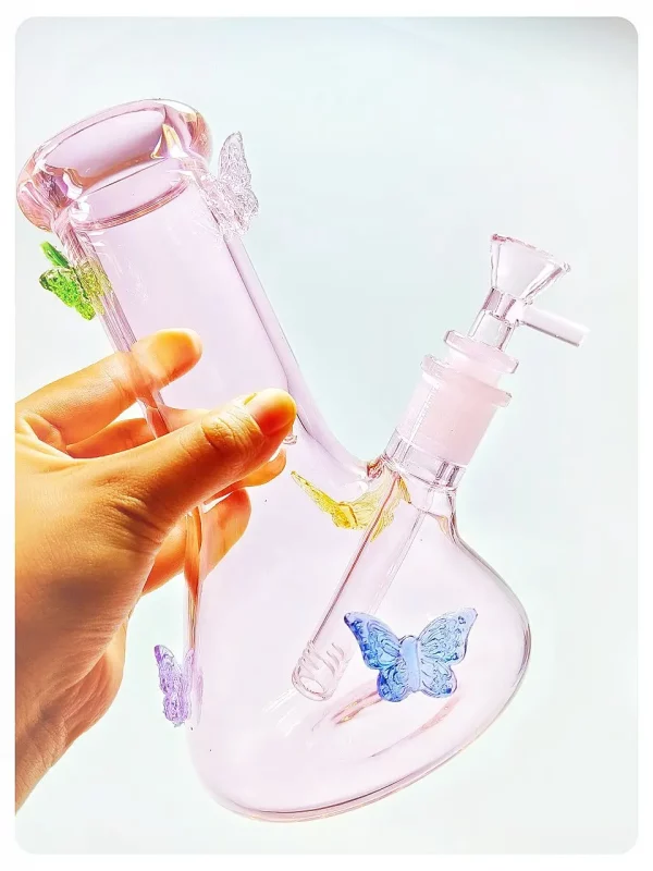 8" 5mm Colorful Crystal Butterfly Pink Beaker Glass Bong