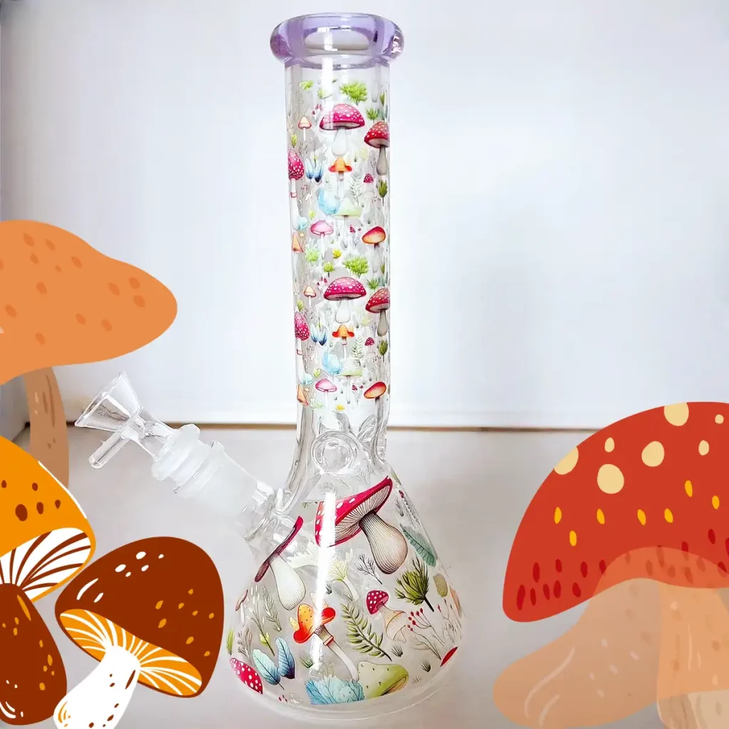 10" Countless Whimsical Mushrooms Beaker Glass Bong