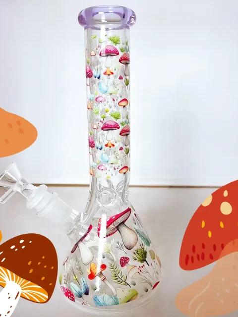 10" Countless Whimsical Mushrooms Beaker Glass Bong