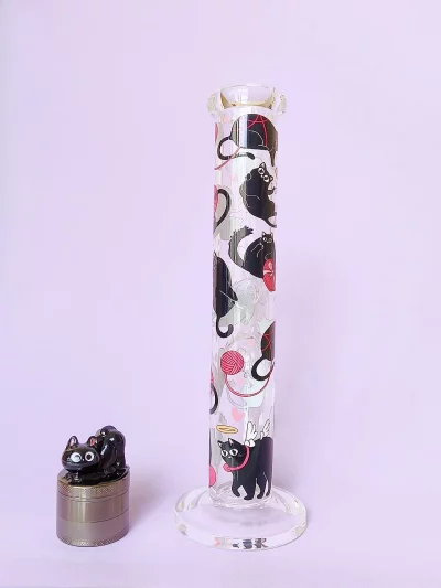 10" Cute Black Cat Glass Straight Tube Bong
