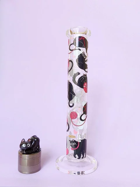 10" Cute Black Cat Glass Straight Tube Bong