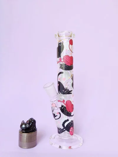10" Cute Black Cat Glass Straight Tube Bong