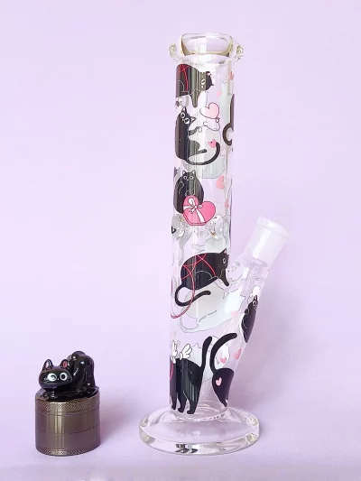 10" Cute Black Cat Glass Straight Tube Bong