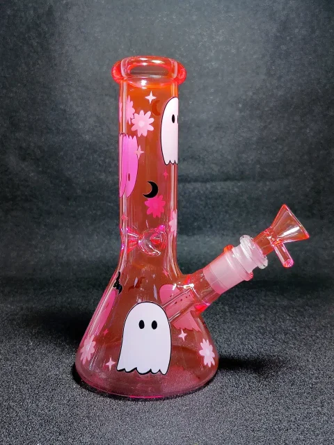 Cute Pink Ghost Halloween Flowers & Bats Beaker Glass Bong Cute Pink Ghost Halloween Flowers & Bats Beaker Glass Bong