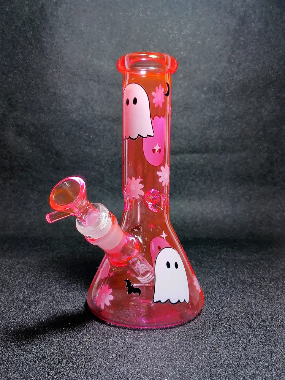 Cute Pink Ghost Halloween Flowers & Bats Beaker Glass Bong