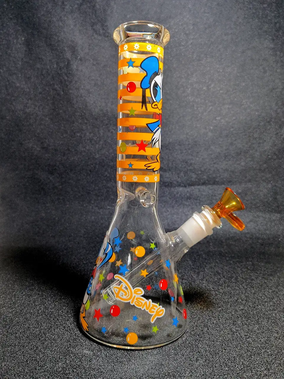 10" Donald Duck Disney Orange Stripe Beaker Glass Bong