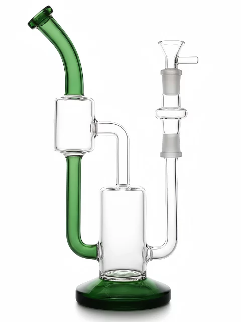 11" Modern Dual-Chamber Recycler Glass Bong with Green Accents