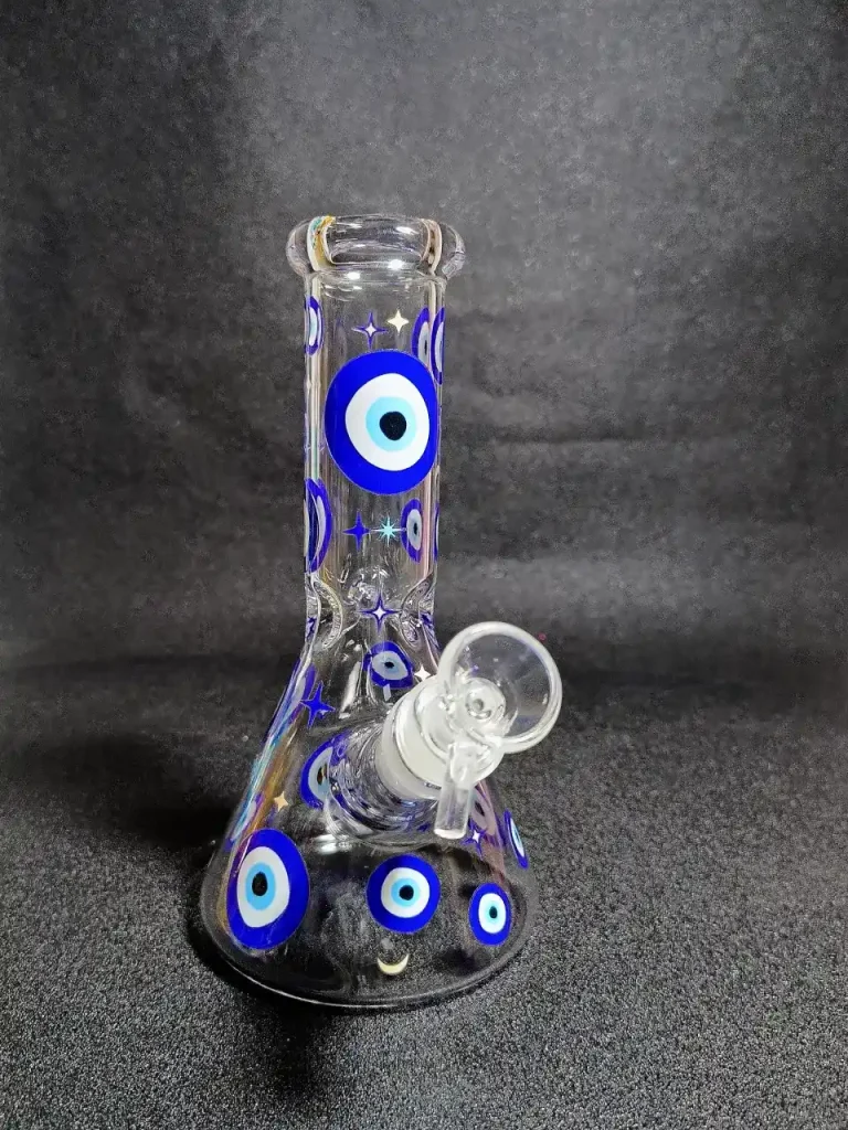 8" Evil Eye Nazar Blue White Beaker Glass Bong