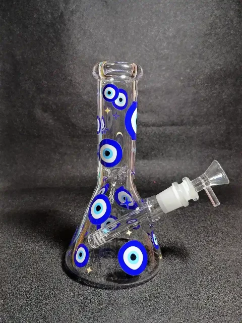 8″ Evil Eye Nazar Blue White Beaker Glass Bong 8" Evil Eye Nazar Blue White Beaker Glass Bong
