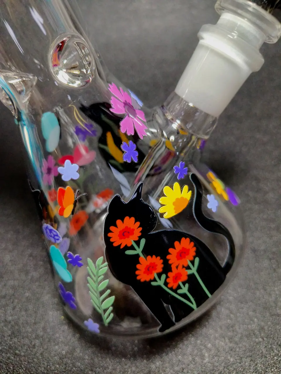 Floral Cat Butterfly Beaker Glass Bong