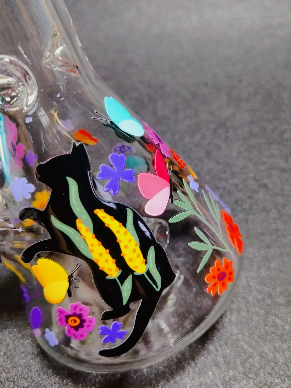 Floral Cat Butterfly Beaker Glass Bong