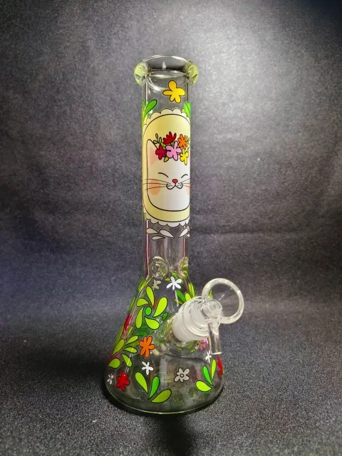 10" Flower Crown Cat Beaker Glass Bong