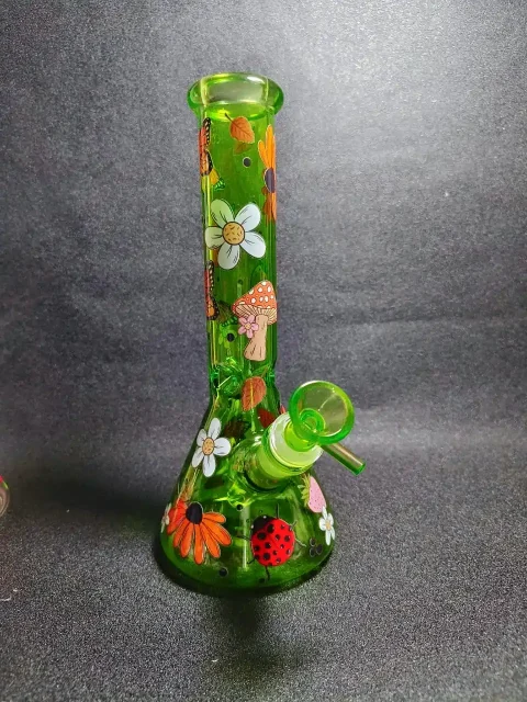10" Forest Mushroom & Nature Green Beaker Glass Bong