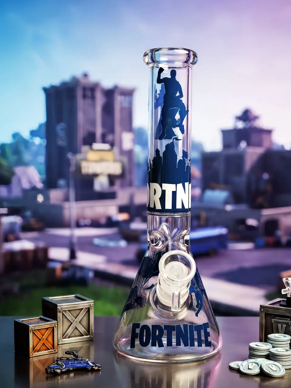 10″ Fortnite Logo & Skydiving Beaker Glass Bong