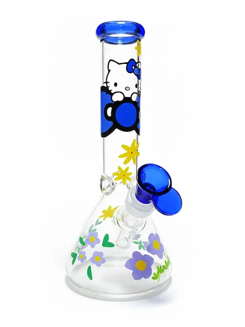 9.5" Fresh Blue Floral Hello Kitty Beaker Glass Bong