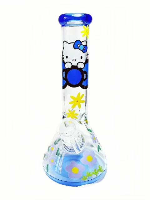 9.5" Fresh Blue Floral Hello Kitty Beaker Glass Bong