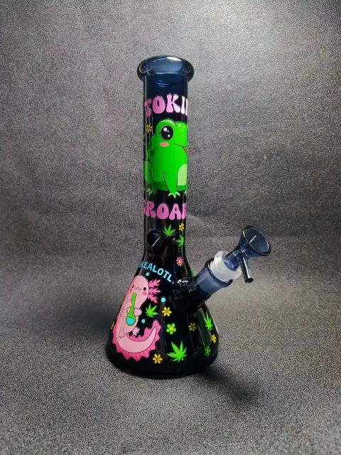 10" Frog & Axolotl Deep Blue Beaker Glass Bong