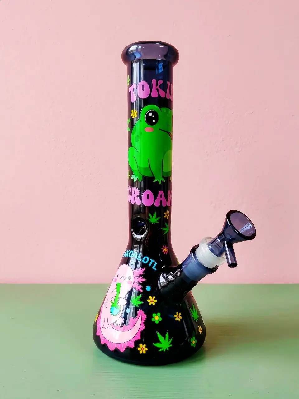 10" Frog & Axolotl Deep Blue Beaker Glass Bong