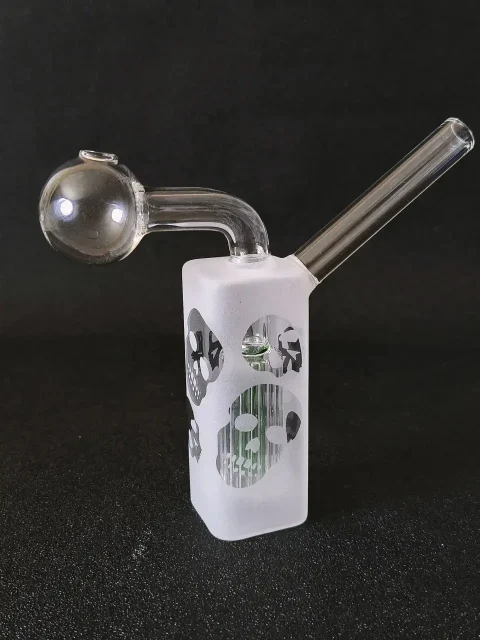 Frosted Skull Square Base Green Tree Perc Glass Oil Burner Bubbler