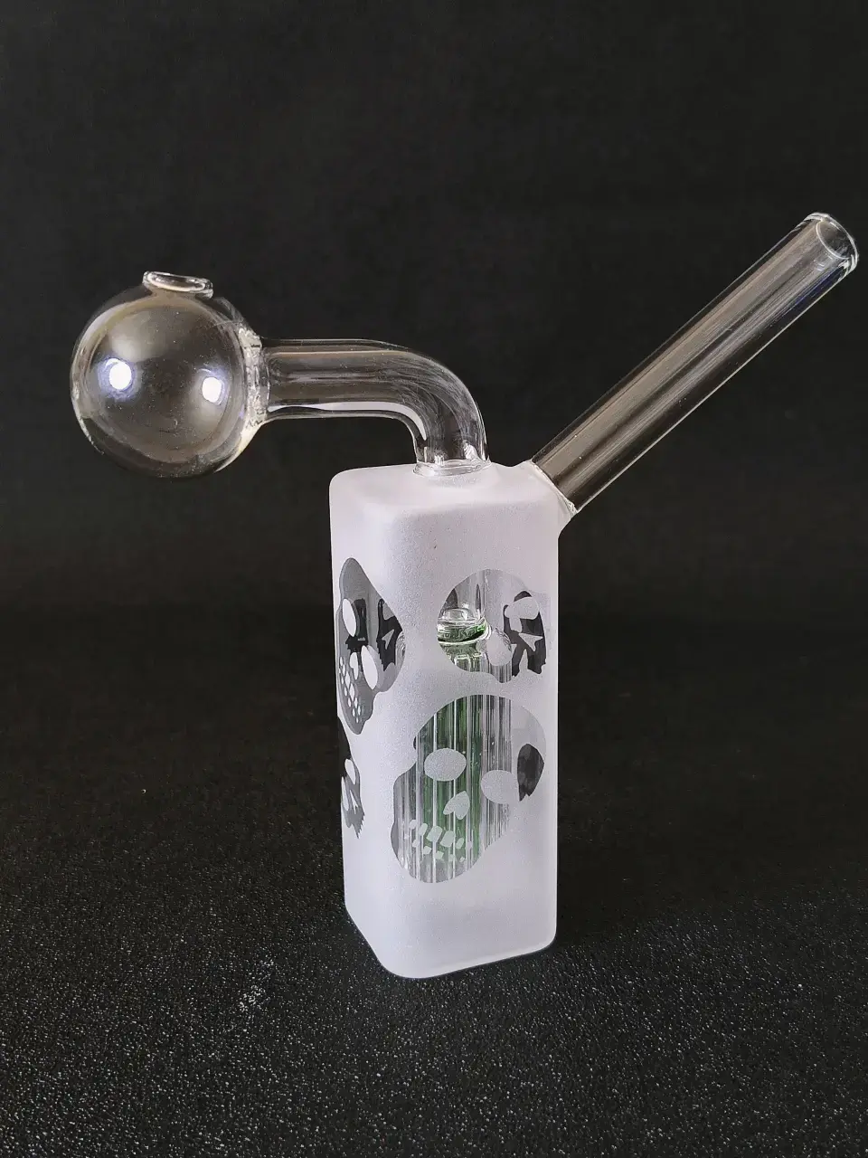 Frosted Skull Square Base Green Tree Perc Glass Oil Burner Bubbler