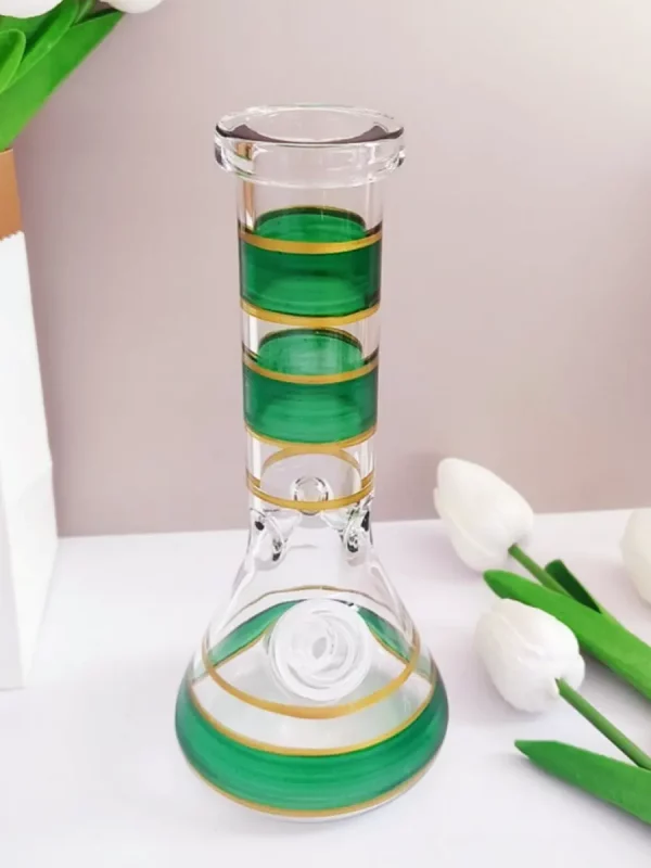 8" Glass Beaker Bong with Green & Gold Stripes