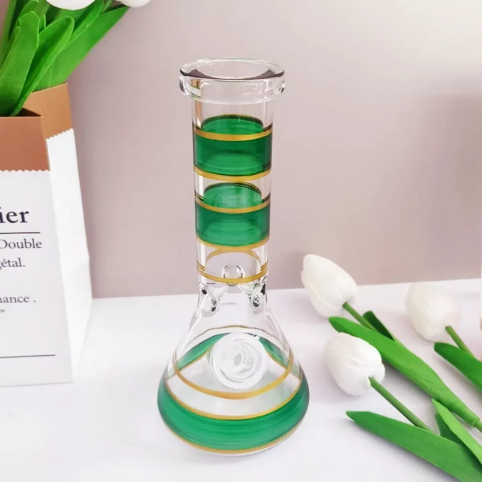8" Glass Beaker Bong with Green & Gold Stripes
