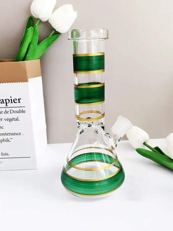8" Glass Beaker Bong with Green & Gold Stripes