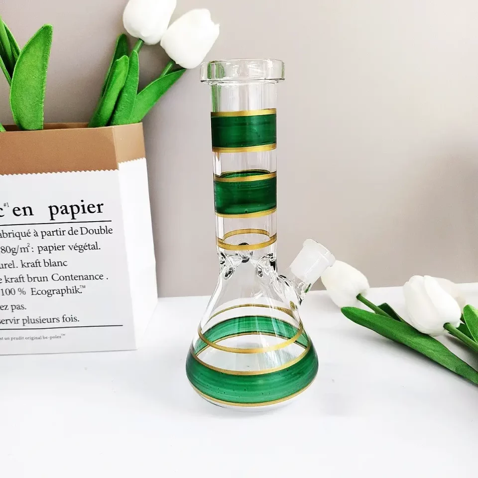 8" Glass Beaker Bong with Green & Gold Stripes