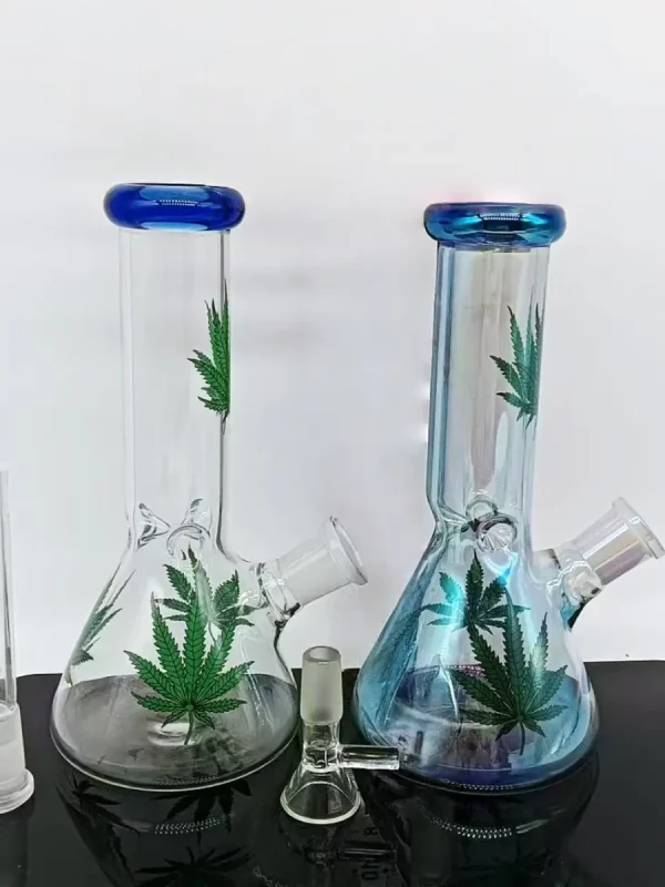 8″ Glass Beaker Bong with Vibrant Cannabis Leaf Design
