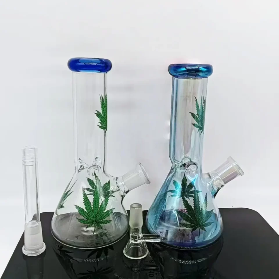 8″ Glass Beaker Bong with Vibrant Cannabis Leaf Design