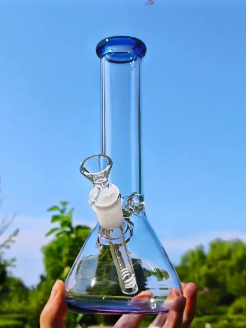 glass beaker base ice bong with blue accents 4mm 9 5 inch front side view