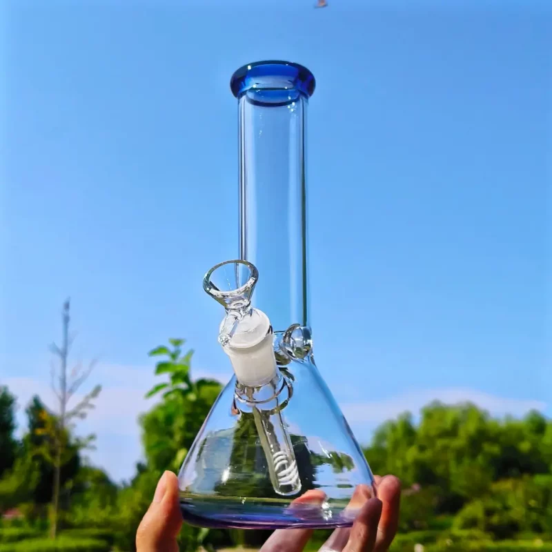 glass beaker base ice bong with blue accents 4mm 9 5 inch front side view