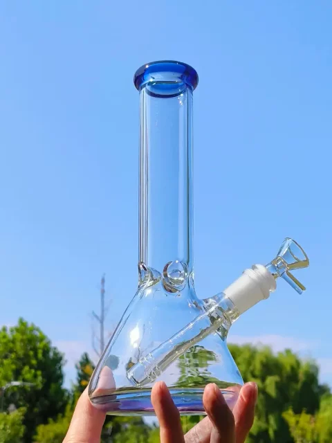 glass beaker base ice bong with blue accents 4mm 9 5 inch left side view